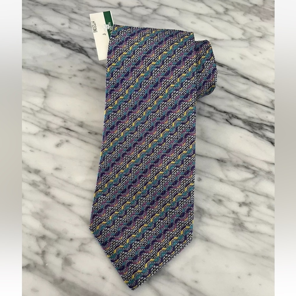 Missoni Cravatte Chevron Zig Zag Silk Tie Purple Blue Pink Yellow Necktie Italy